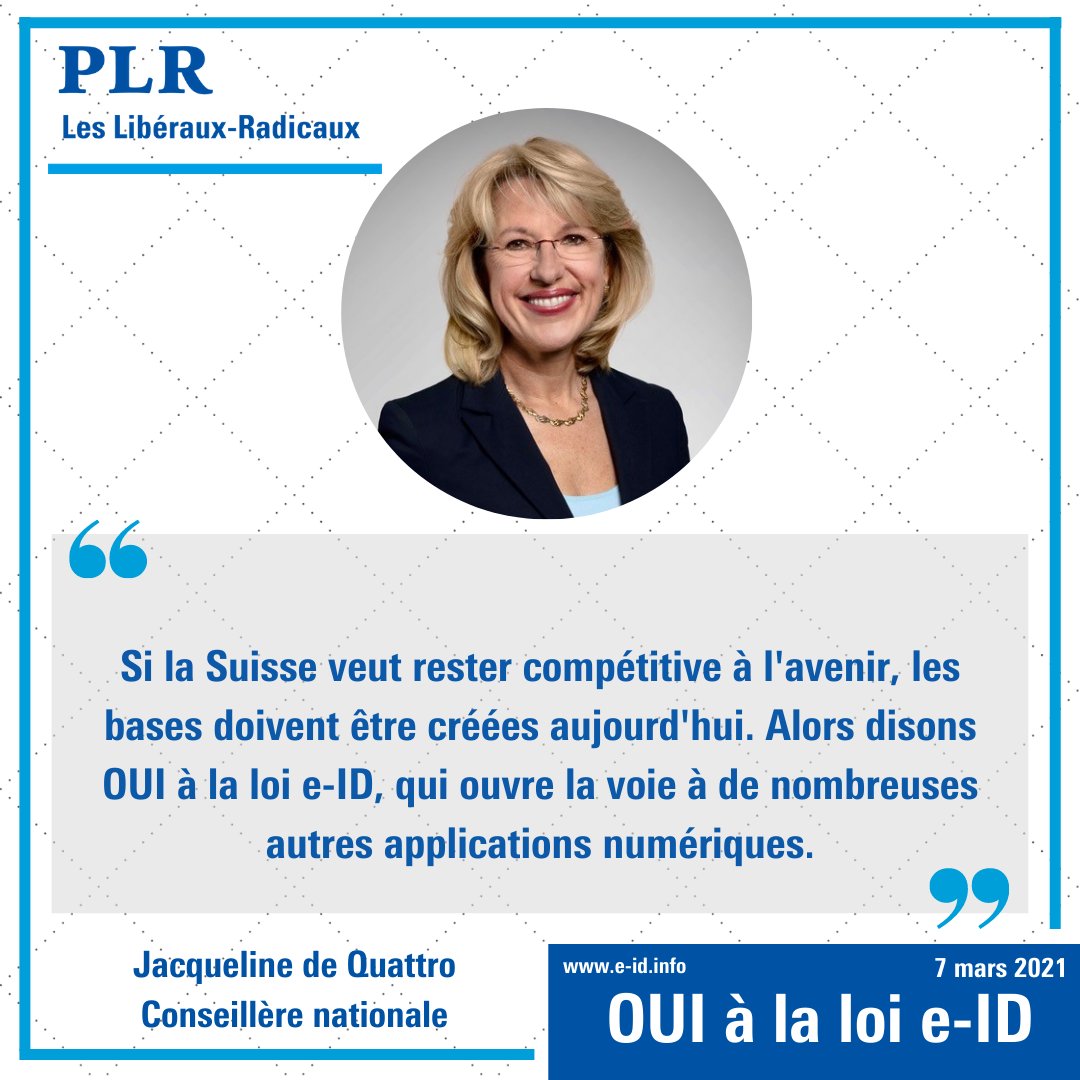 PLR_VD's tweet photo. Loi fédérale sur les services d’identification électronique.
#OUI à plus de sécurité et de simplicité en ligne ! OUI à la loi E-ID le #7mars !
#plr #plrvd #votations #7mars #eIDoui #eIDja @E_ID_Info @FDP_Liberalen @PLR_Suisse https://t.co/TOd3GJmQbt