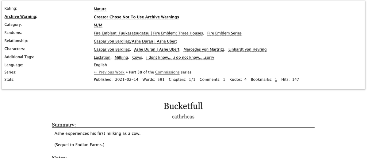 archiveofourown.org/works/29423679

It's Ashe getting milked by Caspar, because <a href="/cesspitshrine/">high elf fetishizer</a> and I are both degenerates. 😔