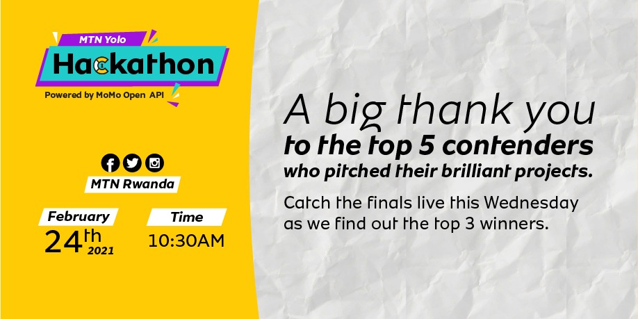 MTNRwanda's tweet photo. Catch the MTN #YoloHackathon finale this Wednesday at 10:30 AM live on our social media pages. We will find out who will take the top 3 cash prizes of Rwf 2,000,000, Rwf 1,200,000 and Rwf 800,000. Tell a friend to tell a friend!

Tune in to experience #DopeTingsHappen https://t.co/HTUTqWbPmM