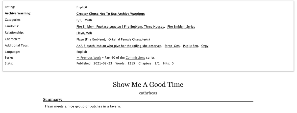 archiveofourown.org/works/29651706

A Flayn/mob fic, featuring strapons, public sex, and three butches that I fell in love with whilst making them up. 😔
