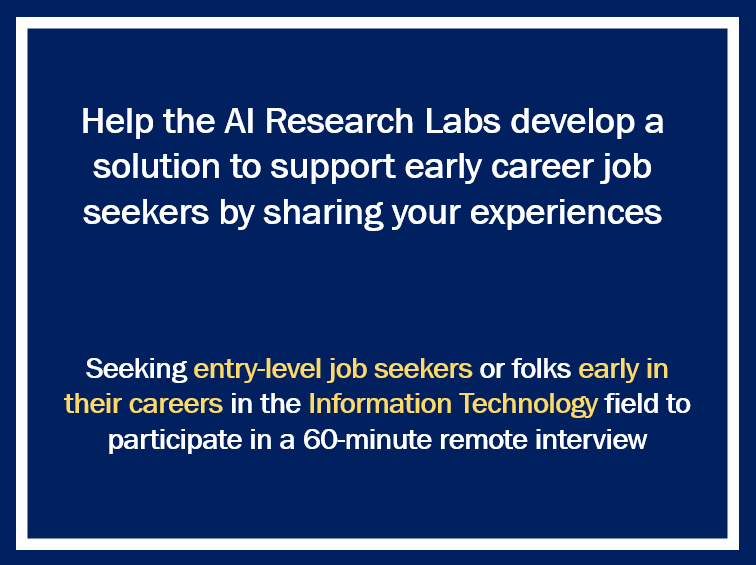 karamcwilliams's tweet photo. Early in your #IT career? Give us 60 minutes of your time we'll give you a $50 gift card! Sign up here: https://t.co/W6u3EuhDdq #research #recruitment https://t.co/2qMeMSzVWP