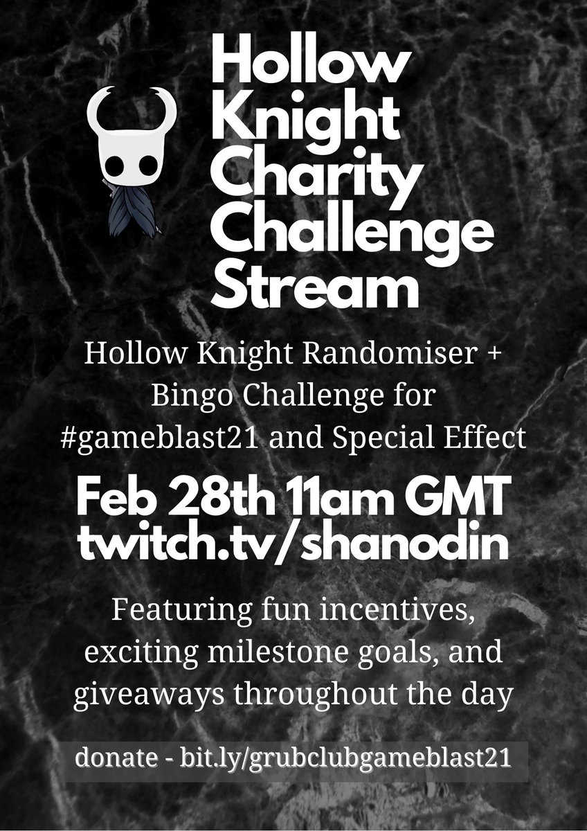 shanodin's tweet photo. I'm doing #gameblast21 with a Hollow Knight challenge stream! 28th Feb 11am GMT at https://t.co/NBpOA1IzlO - there will be incentives, milestones, and giveaways. Come &amp; support in any way you can, even if you just pop by and cheer me on! Donations -  https://t.co/nQAmlrslFC https://t.co/nT1W10xObS
