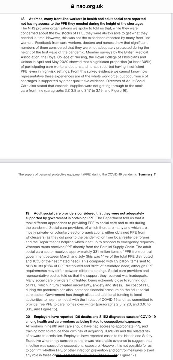 krishgm's tweet image. Confused by Govt claims that there was ‘no national shortage’ of PPE for the NHS? Here’s the page from the National Audit Office report on how bad shortages were and how employers linked NHS deaths to occupational exposure. nao.org.uk/wp-content/upl…