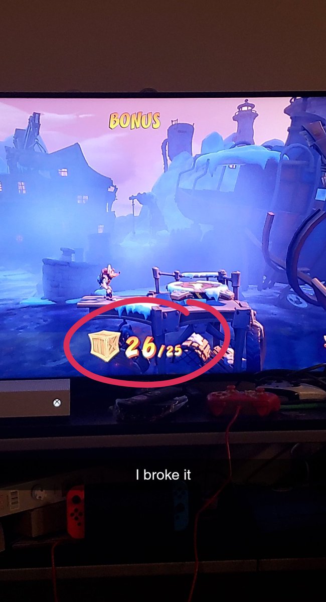 faboman1019's tweet photo. @Caddicarus I found a new glitch in Crash 4 while trying to get the perfect relic on Building Bridges, the polar bear "timeline" level. Managed to somehow break an extra box in the bonus room and then missed one box on the polar section... game's working as intended. https://t.co/q0apirKppG
