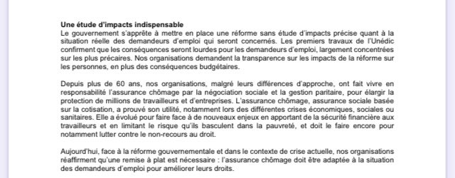 #AssuranceChômage

La <a href="/CFDT/">CFDT</a>, la <a href="/CFECGC/">CFE-CGC</a>, la <a href="/SyndicatCFTC/">Syndicat CFTC</a>, la <a href="/lacgtcommunique/">La CGT</a> et <a href="/force_ouvriere/">force_ouvriere</a> « demeurent en profond désaccord avec le principe fondateur de cette réforme selon laquelle la baisse des allocations chômage inciterait à un retour plus rapide à l’emploi ».