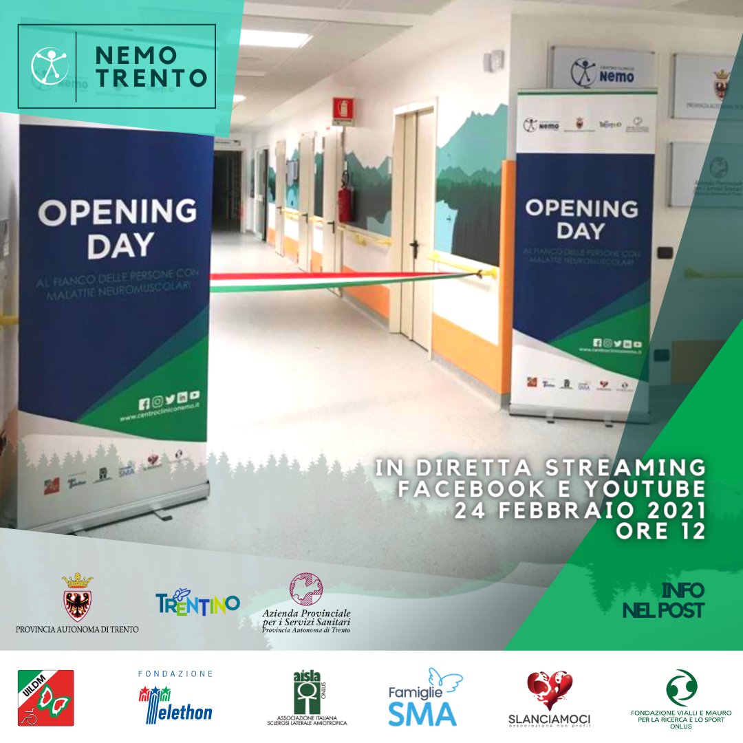 Domani nasce una nuova realtà: <a href="/CentroNemo/">Centro Clinico NeMO</a> Trento Diretta Facebook alle 12:00 sulle pagine ufficiali @Telethonitalia <a href="/UILDMnazionale/">UILDM Dir. Naz.</a> @aislaonlus <a href="/famigliesma/">famigliesma</a> <a href="/Slanciamoci/">Slanciamoci</a> <a href="/FVM_Official/">FVM</a> E' una grande gioia condividere questo momento con tutti voi #distantimavicini #stoconnemo
