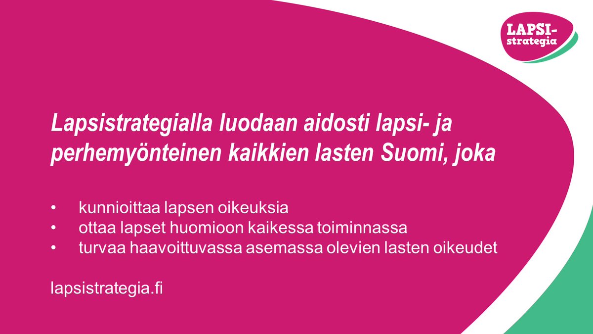 STM_Uutiset's tweet photo. Kansallinen lapsistrategia koskee kaikkia alle 18-vuotiaita. Se perustuu YK:n lapsen oikeuksien sopimuksen periaatteisiin. 

#lapsistrategia #KaikkienLastenSuomi https://t.co/pZ9FbExVy7