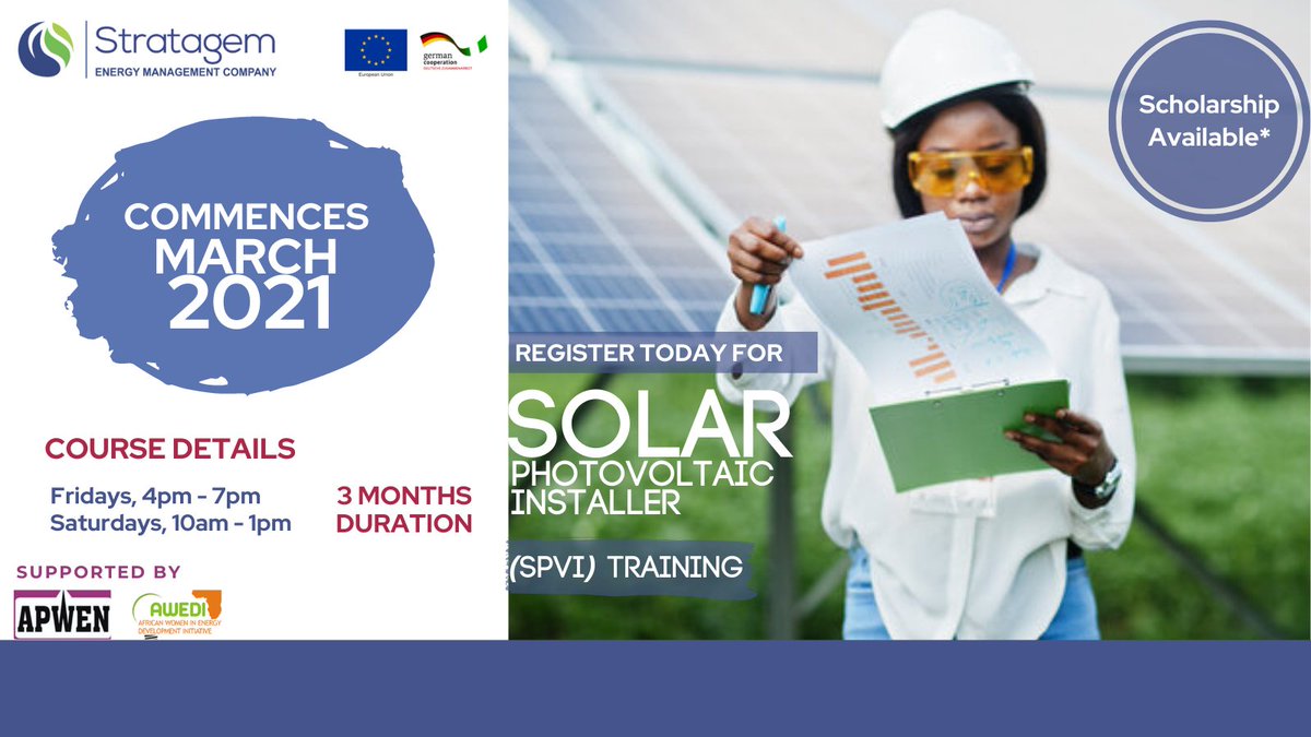 Stratagem Energy Management Company (@stratagememc) on Twitter photo 🔴 7 DAYS TO GO!
Have you registered yet for our upcoming SPVI training hosted by <a href="/nesp_nigeria/">NESP Nigeria</a> <a href="/giz_gmbh/">GIZ</a> & @stratagemem ?
Click Here>>>lnkd.in/dXyZSJG to register. Scholarship slots are still available!!
<a href="/AwediNetwork/">AWEDI NETWORK</a> @realREANigeria <a href="/nesp_nigeria/">NESP Nigeria</a> <a href="/APWEN_NG/">ASSOCIATION OF PROFESSIONAL WOMEN ENGINEERS OF NIG</a> 🔴 7 DAYS TO GO!
Have you registered yet for our upcoming SPVI training hosted by <a href="/nesp_nigeria/">NESP Nigeria</a> <a href="/giz_gmbh/">GIZ</a> & @stratagemem ?
Click Here>>>lnkd.in/dXyZSJG to register. Scholarship slots are still available!!
<a href="/AwediNetwork/">AWEDI NETWORK</a> @realREANigeria <a href="/nesp_nigeria/">NESP Nigeria</a> <a href="/APWEN_NG/">ASSOCIATION OF PROFESSIONAL WOMEN ENGINEERS OF NIG</a>