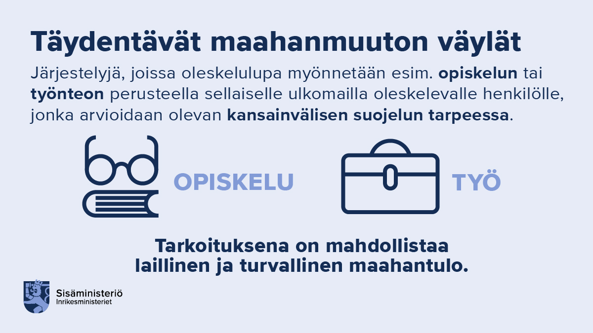 Sisaministerio's tweet photo. Täydentävät väylät ovat tärkeä teema kansainvälisissä keskusteluissa muuttoliikkeestä.

Suojelun tarpeessa olevien ihmisten määrän ennakoidaan yhä kasvavan. Samalla laittomat ulkorajan ylitykset ja ihmissalakuljetus ovat leimallisia EU:hun kohdistuvalle muuttoliikkeelle.

2/3 https://t.co/GJpiHwUccX