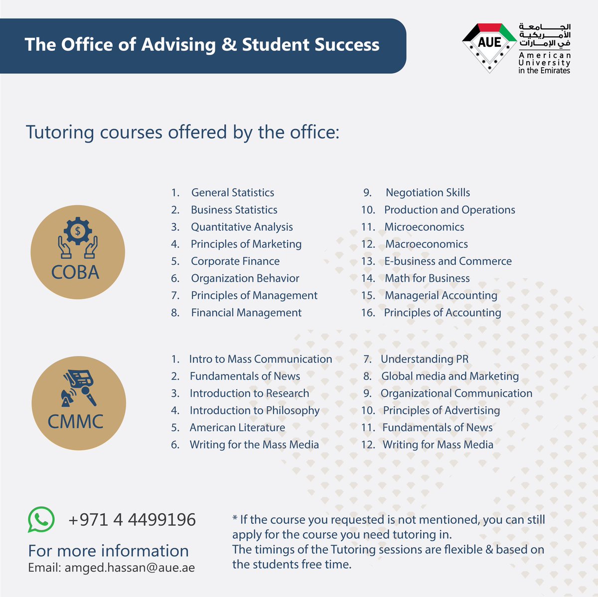 Aue Tutoring Courses Offered By The Office Of Advising Students Success If The Course You Need Is Not Listed Or You Want To Book A Tuition Please Contact Us