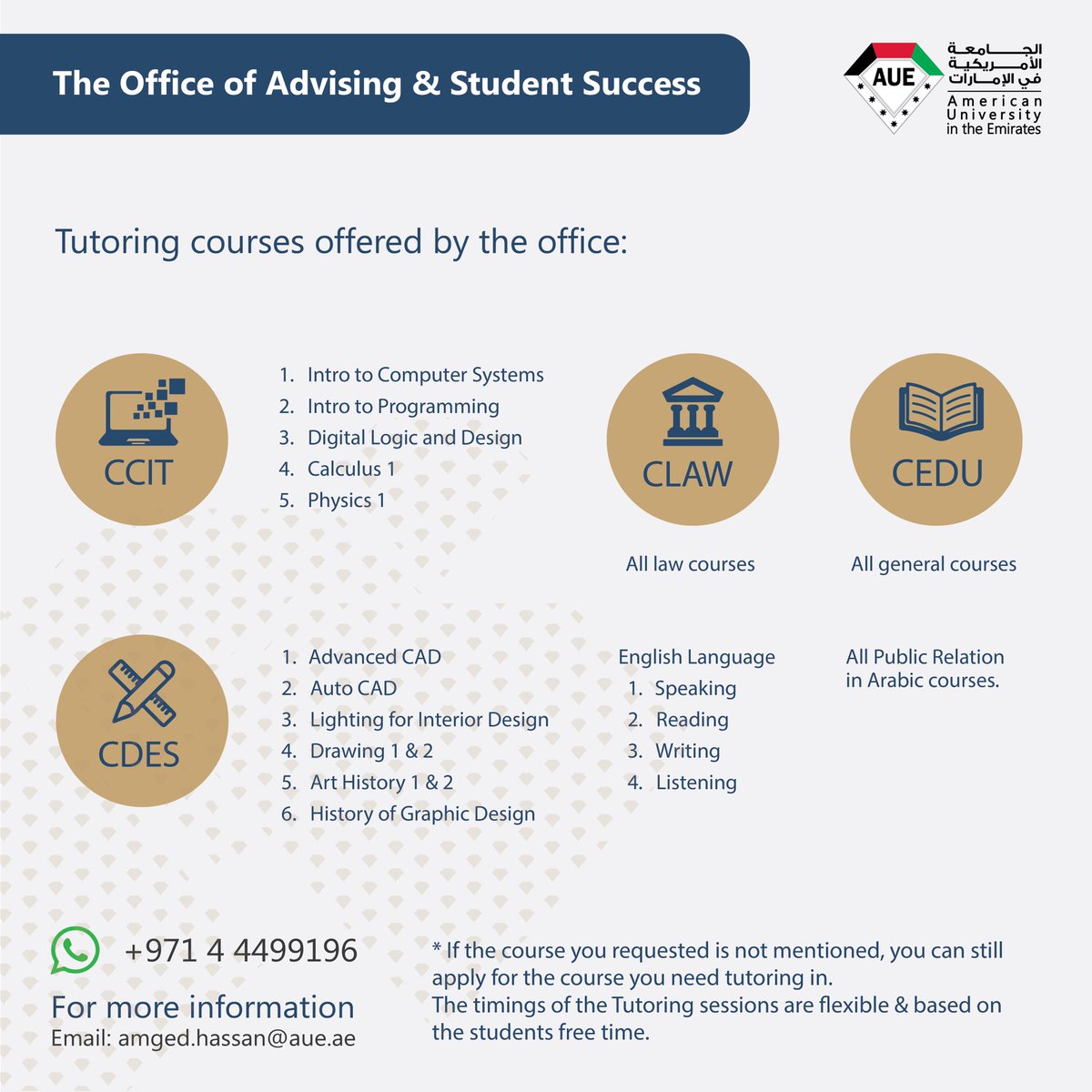 Aue Tutoring Courses Offered By The Office Of Advising Students Success If The Course You Need Is Not Listed Or You Want To Book A Tuition Please Contact Us