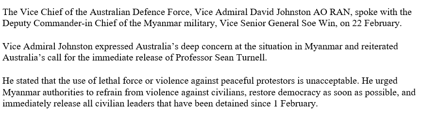 stephendziedzic's tweet photo. Breaking- Australia's Defence Department confirms the Vice Chief of the ADF Vice Admiral David Johnston has spoken to Soe Win of Myanmar's military junta. A Dept spokesperson says he called for the immediate release of Sean Turnell and urged the military to restore democracy 1/ https://t.co/2id7v9pK6v