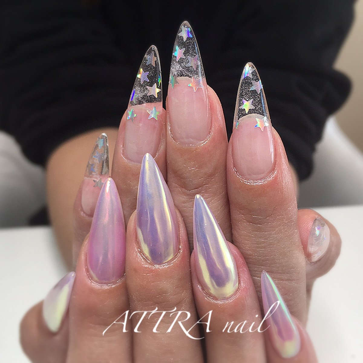 Attra Nail 倉敷ネイルサロン クリアとオーロラミラーネイル シンプル可愛い アトラネイル 倉敷ネイルサロン ネイルサロン倉敷 倉敷スカルプ