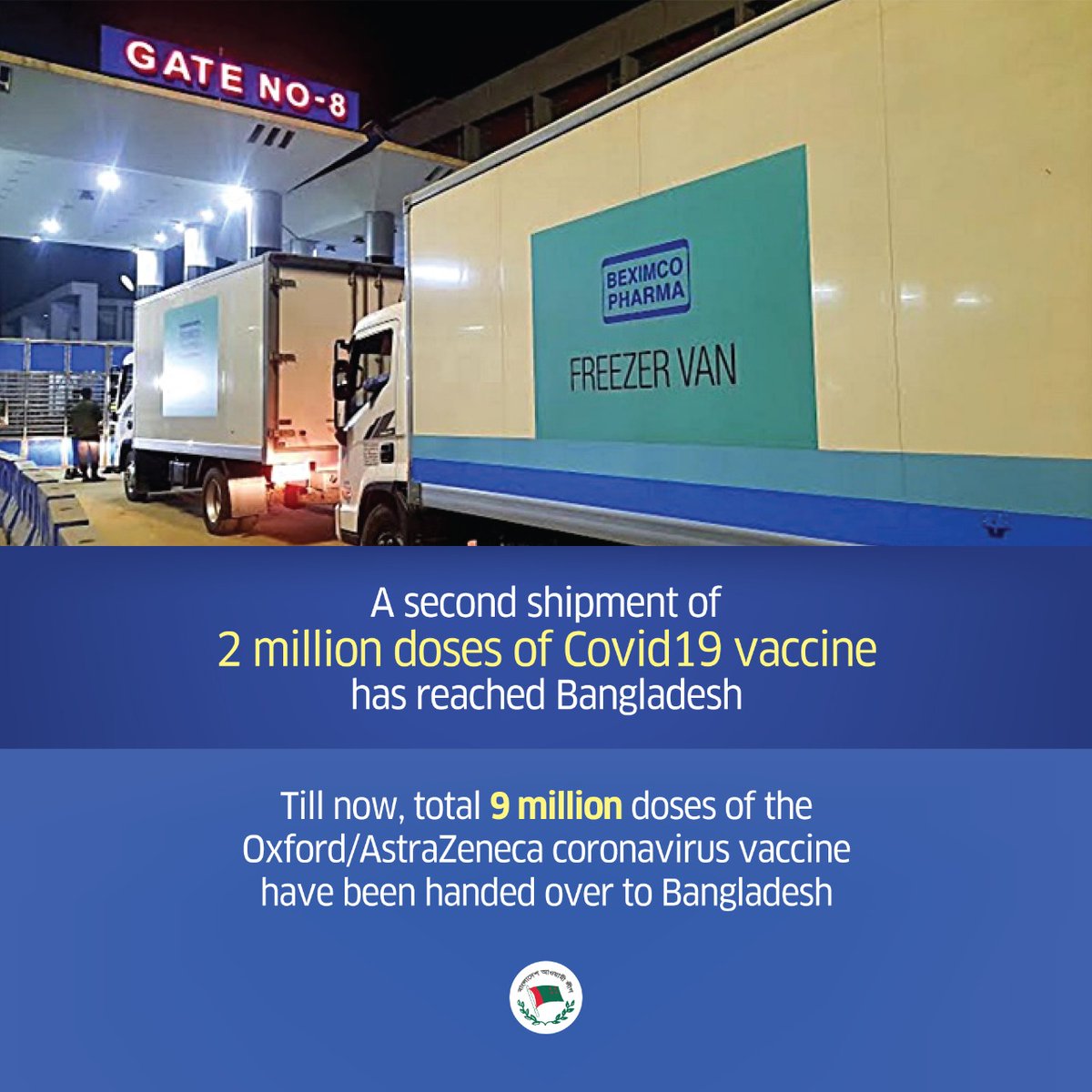 Lekhak_ExGS_BSL's tweet photo. A second shipment of 2 million #COVID19Vaccine has reached #Bangladesh. With the latest shipment, a total of 9 million doses of the #Oxford #AstraZeneca coronavirus #Caccine produced by the @SerumInstIndia have been handed over to Bangladesh.
https://t.co/xPl5rhJ8ib

#ThankYouPM https://t.co/6kSfnWfRiP