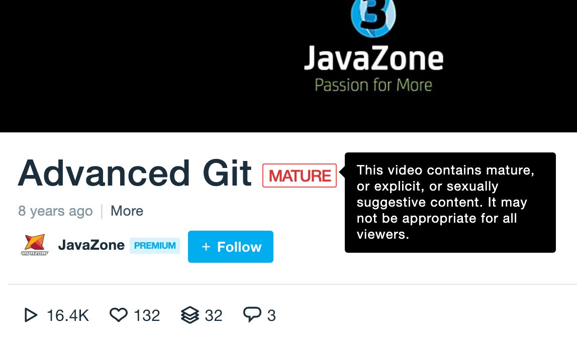mikkelbd's tweet photo. @webtonull @zajc_ania @tlberglund @javazone Really good presentation! Hilarious how Vimeo tag it as MATURE, "may not be appropriate for all viewers" 😝 Maybe because you have to be quite mature in your Git journey to gain from it, or because @tlberglund talks about "Blood and destruction" etc. 😂 -> https://t.co/spk2ropK5v https://t.co/A4u6slfGoo