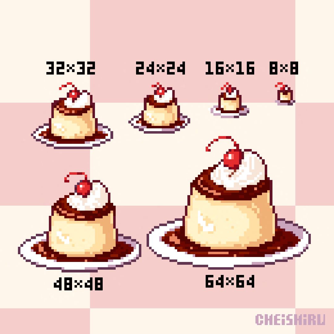 cheishiru's tweet photo. jiggly #pudding in various sizes. The 8x8 pixels one is unrecognizable  (≧▽≦)
The biggest one is 96x96 pixels in size.

#ドット絵 #pixelart #pixelartist https://t.co/eKAdHsDTWI