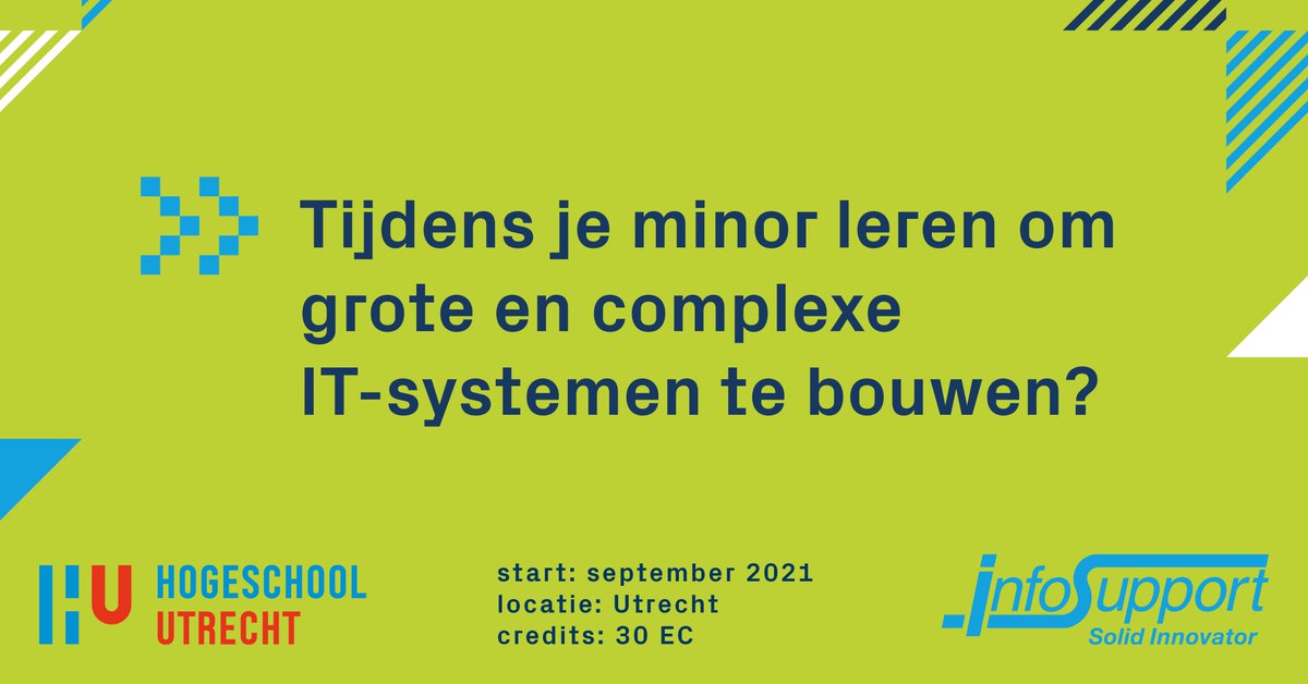 InfoSupportBV's tweet photo. Het bouwen van grote bedrijfskritische IT-systemen als van Netflix, Spotify. Die leer je bouwen in de IT-#minor .NET van #hogeschoolutrecht en #infosupport. Na afloop kan je meedraaien in een professioneel #software team.
Start september'21, #30EC, kijk op https://t.co/ZvyVrRWRVz https://t.co/aSm4ROSFi6