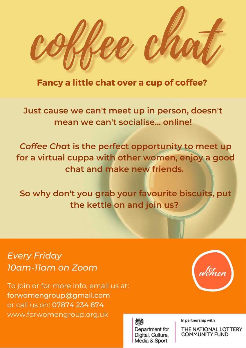 Sobus_H_F's tweet image. It's been tough not being able to meet up as we would like. For Women Group are offering the opportunity to meet up...virtually and just have a good old chat and a laugh this Friday and every Friday. @ForWomenCIC #coffeetime #LetsTalk