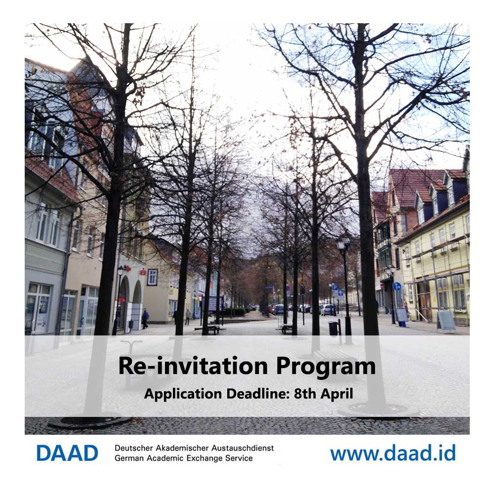 DAAD_Indonesia's tweet photo. #AlumniDAAD - Deadline aplikasi untuk Re-invitation Programme  adalah 8 April 2021.  Info selengkapnya mengenai program ini, kunjungi: https://t.co/fM6wh3HdNr

Bila ada pertanyaan lebih lanjut, silakan langsung email ke muji@daadjkt.org atau membuat janji konsultasi online. https://t.co/3hA273aQjx