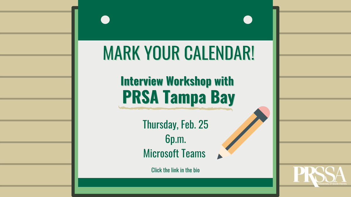 Join us for our interview workshop this Thursday at 6 pm via Microsoft Teams. We will have PR professionals from <a href="/PRSATampaBay/">PRSA Tampa Bay</a> give us some tips on perfecting our interview skills. 
Please send your resume to alannamccary@usf.edu by Wednesday!
#PRSSA #prsa #usf #TampaBay