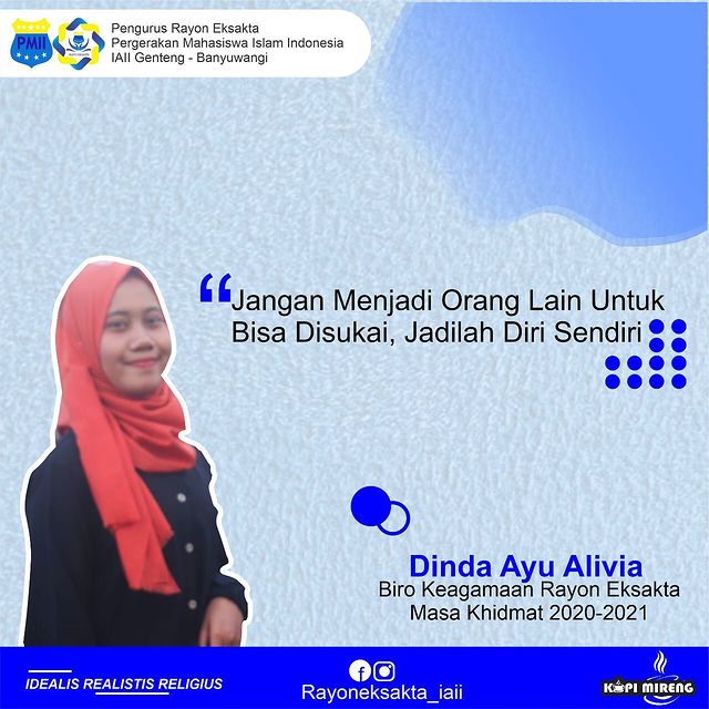 Eksaktapmii's tweet photo. Mengenal pengurus rayon eksakta
" Tak Kenal Maka Tak Sayang " ππ
Biro Keagamaan Rayon : Dinda Ayu Alivia
@dinda_ayualv
Motto : Jangan Menjadi Orang Lain Untuk Bisa Disukai, Jadilah Diri Sendiri.
@pmiibanyuwang1 @PMIIBanyuwangi
#eksakta #pmiibanyuwangi #rayoneksakta #pmiiiai https://t.co/6nCJGq5jOX