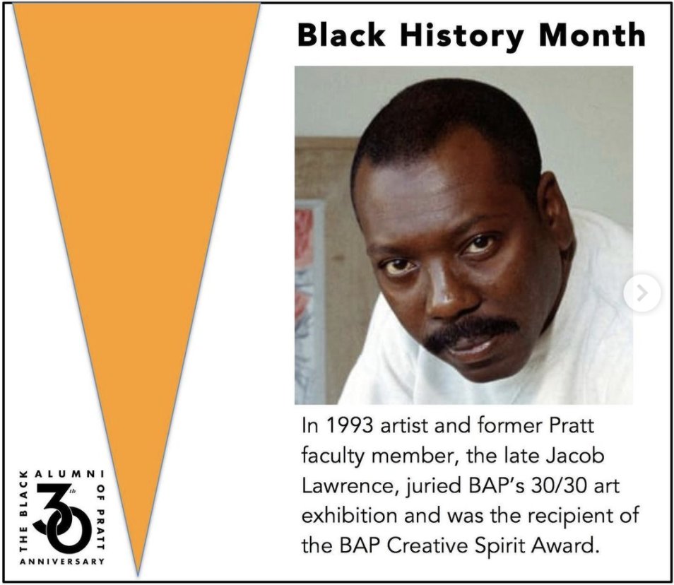 PrattBAP's tweet photo. Artist Jacob Lawrence was known for producing narrative collections illustrating the African American experience. Lawrence taught at @PrattInstitute and later at the New School for Social Research and the Art Students League. #PrattBap30 #prattbap https://t.co/I9gFbYDhgy