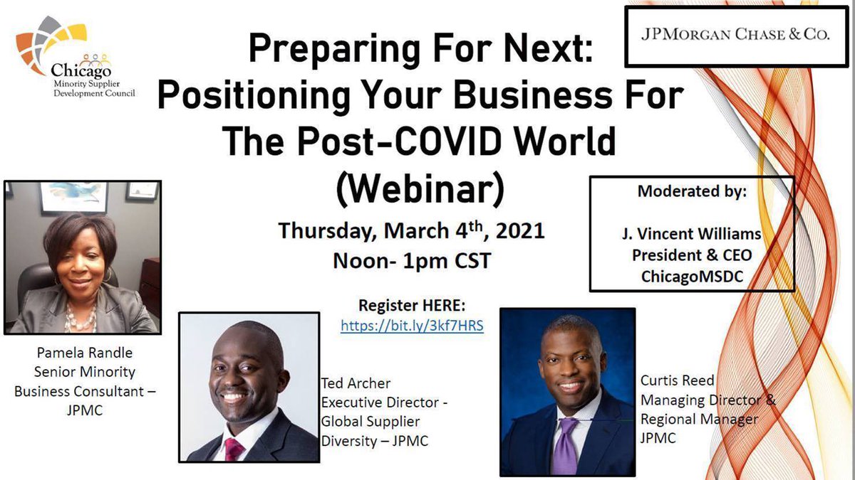 ChicagoMSDC's tweet image. President and CEO of ChicagoMSDC, @bizbyvince will be moderating the Positioning Your Business for the Post Covid World webinar. 

The webinar will be hosted Thursday, March 4th from noon to 1pm CST. 

Register here: bit.ly/3kf7HRS

#cmsdc #buydiverse #lifeaftercovid