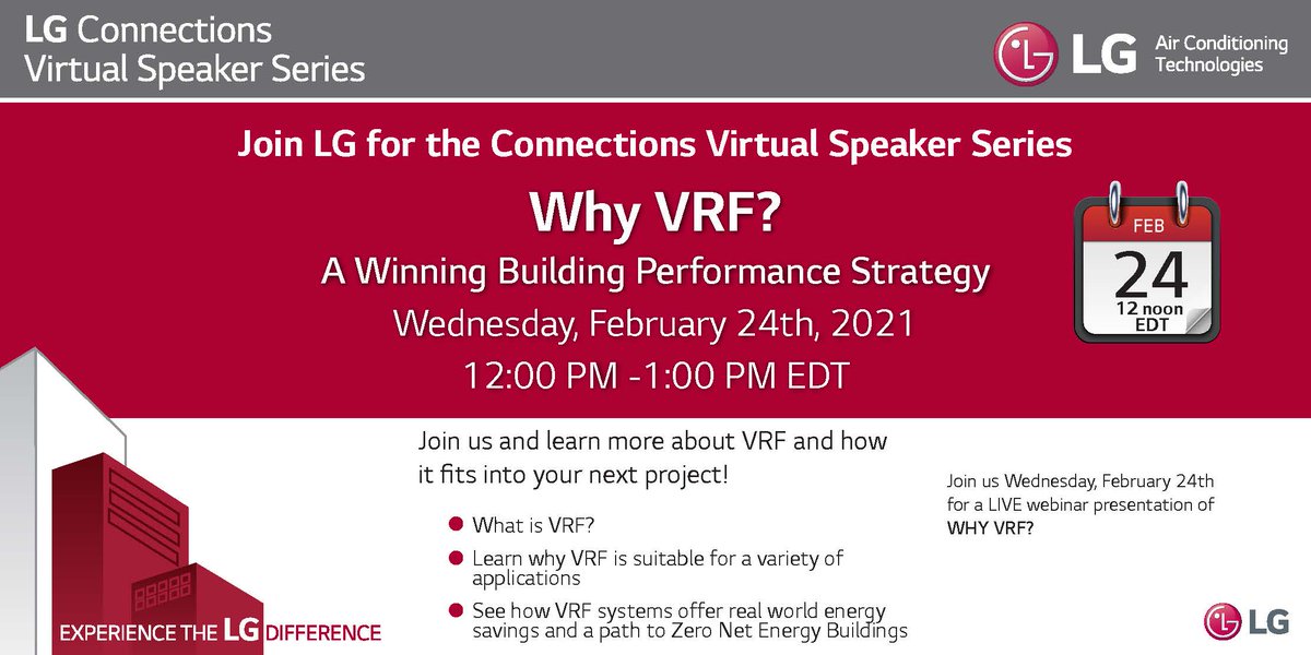 LGHVACUSA's tweet photo. LG Connections Virtual Speaker Series
Why VRF? A Winning Building Performance Strategy
•What is VRF? 
•Learn why VRF is suitable for a variety of applications
•See how VRF systems offer energy savings
Join us tomorrow 12PM EDT 
Register Here: https://t.co/r3wJNGnL2J https://t.co/4FtUX37cqv