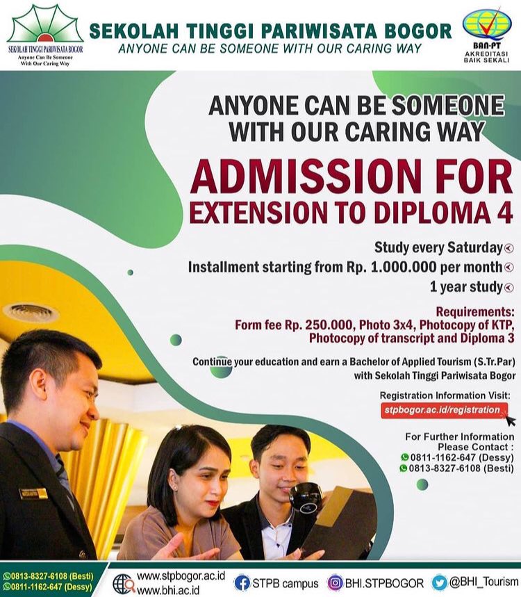 ✨Hallo semuanya!✨

Sekolah Tinggi Pariwisata Bogor membuka kelas ekstensi D4 Batch 43 untuk ajaran tahun 2020/2021 loh Yuk!!! Bagi kalian yang ingin melanjutkan jenjang pendidikannya, langsung kontak kami!!!
.
.
.
📞 Dessy: 0811-1162-647
📞 Besty: 0813-8237-6108