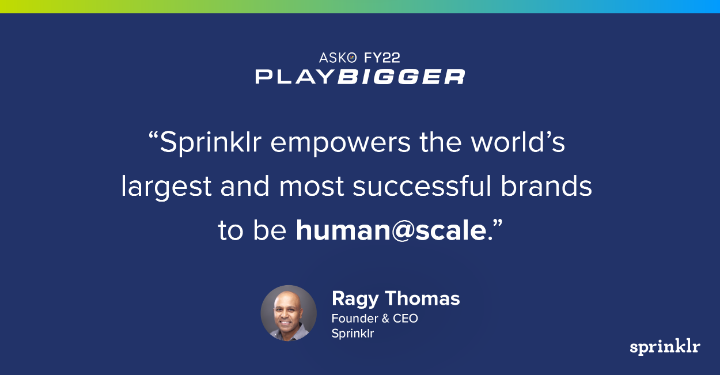 millgulley's tweet photo. human@scale with @Sprinklr 🙌🏼

CEO/Founder @ragythomas talked about how we're committed to helping our customers create human experiences at our annual sales kickoff. #SprinklrPlayBigger https://t.co/wT9VXHuTGw