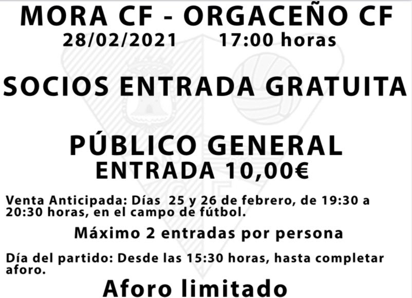 Mora_CF's tweet photo. 🔈 ¡PRÓXIMO PARTIDO!
🏆 1º Autonómica Preferente. Grupo II 
✅ Jornada 15
⚽️ @Mora_CF 🆚 @orgaceno_cf 
📅 28/02/2021
🕟 17:00 horas 
🏟 Las Delicias
🎟 Socios entrada gratuita 
🎫 Entrada 10€
📍Venta Anticipada de entradas

#MoraOrgaceño #somosMoraCF🤍🤍 https://t.co/rWlisz4XaA