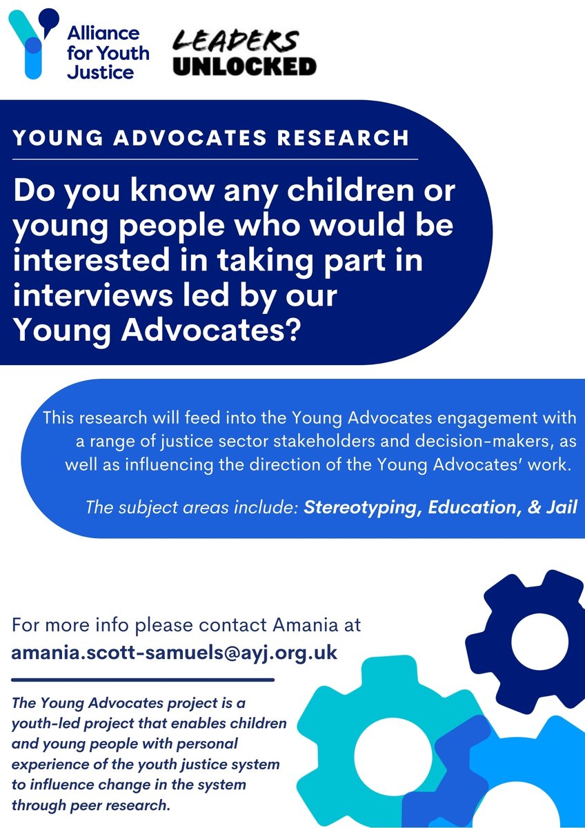 🗣️ Do you know any 14-20 year olds who want to have their say on youth justice? Our Young Advocates are looking to interview children & young people on the topics of stereotyping, education, &/or jail, as part of their research to influence positive youth justice change...