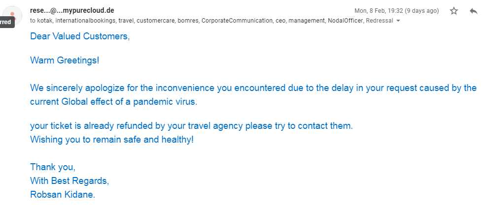 GrahakM's tweet photo. Dear,@goibibo @flyethiopian The complainant is very agitated with your service,kindly arrange a call back to her. We have shared the complainant details on your mail-id. Tickets no 071-3318365267,07-13318365268,07-13318365269 complainant Name:Gunja Harshvardhan Hrs484@gmail.com https://t.co/5cdorarrHF