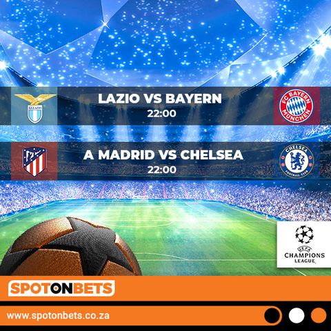 SpotonbetsZA's tweet photo. The UEFA Champions League continues tonight with Atletico Madrid and Chelsea's match in Madrid headlining this round. 

The other match Tonight will be between Defending champions Bayern Munich and Italian wildcards Lazio

Bet Here👉👉👉👉https://t.co/miI3m9tSvj
#BetBetter #UCL16 https://t.co/xgvUzu9iWe