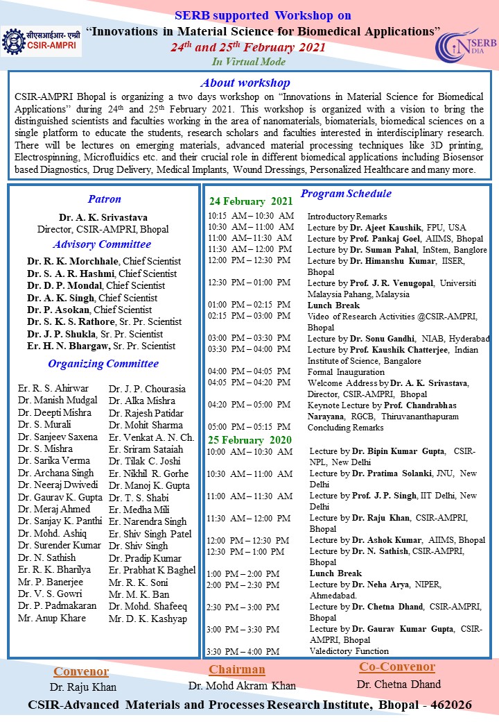 csirampribhopal's tweet photo. Join #SERB supported #workshop on "#Innovations in #Material_Science for #Biomedical_Applications” organized by CSIR-AMPRI Bhopal during 24 – 25th February 2021.
@CSIR_IND
@serbonline
Register for Workshop on: https://t.co/8MWynkBEjr https://t.co/CpHDhlVXnD