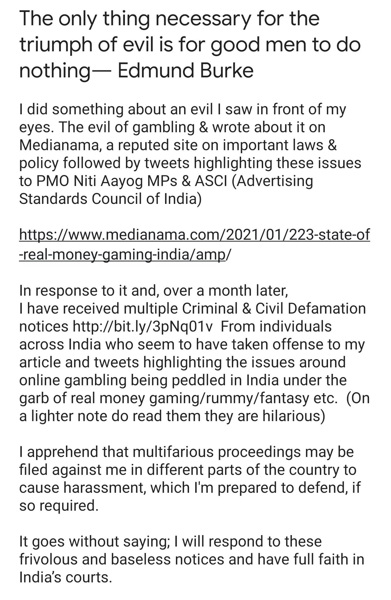 Vishal Gondal Received Multiple Criminal Civil Defamation Notices T Co Nekw4abk9b Read Medianama T Co S8keztkyiz People Across India Have Taken Offense To My Article Tweets Highlighting Online Gambling Read Them They Vishal Gondal Received Multiple Criminal Civil Defamation Notices T Co Nekw4abk9b Read Medianama T Co S8keztkyiz People Across India Have Taken Offense To My Article Tweets Highlighting Online Gambling Read Them They