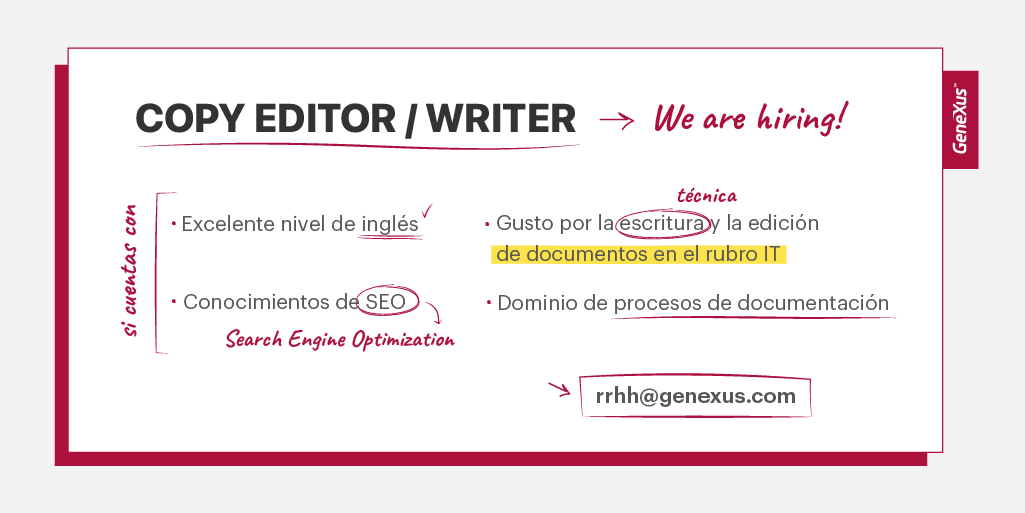 📣EMPLEO | We are Hiring 𝐂𝐨𝐩𝐲 𝐄𝐝𝐢𝐭𝐨𝐫 / 𝗪𝐫𝐢𝐭𝐞𝐫

Envíanos tu CV a rrhh@genexus.com

[Este llamado está comprendido dentro del marco de la Ley 19.691 de promoción del empleo para personas en situación de discapacidad].