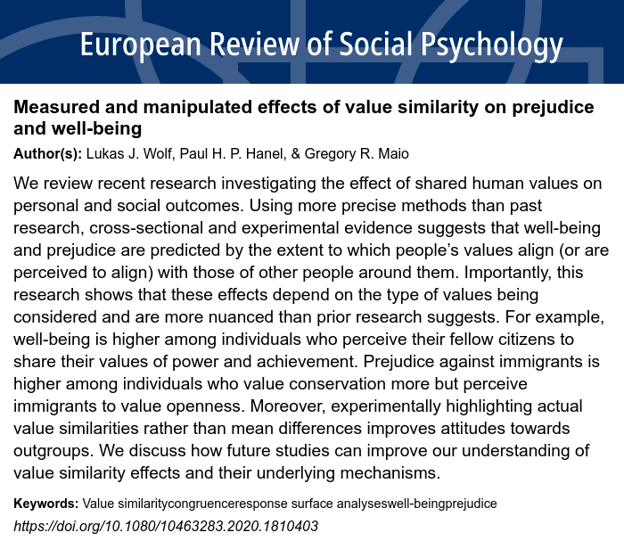 EASP (@easpinfo) on Twitter photo ** New Article ** by Lukas J. Wolf, Paul H. P. Hanel, & Gregory R. Maio — Measured and manipulated effects of value similarity on prejudice and well-being <a href="/wolf_lj/">Lukas J. Wolf</a> <a href="/Paul_hph/">Paul Hanel</a> #ersp_journal <a href="/Routledgepsych/">Routledge Psychology</a> doi.org/10.1080/104632… ** New Article ** by Lukas J. Wolf, Paul H. P. Hanel, & Gregory R. Maio — Measured and manipulated effects of value similarity on prejudice and well-being <a href="/wolf_lj/">Lukas J. Wolf</a> <a href="/Paul_hph/">Paul Hanel</a> #ersp_journal <a href="/Routledgepsych/">Routledge Psychology</a> doi.org/10.1080/104632…