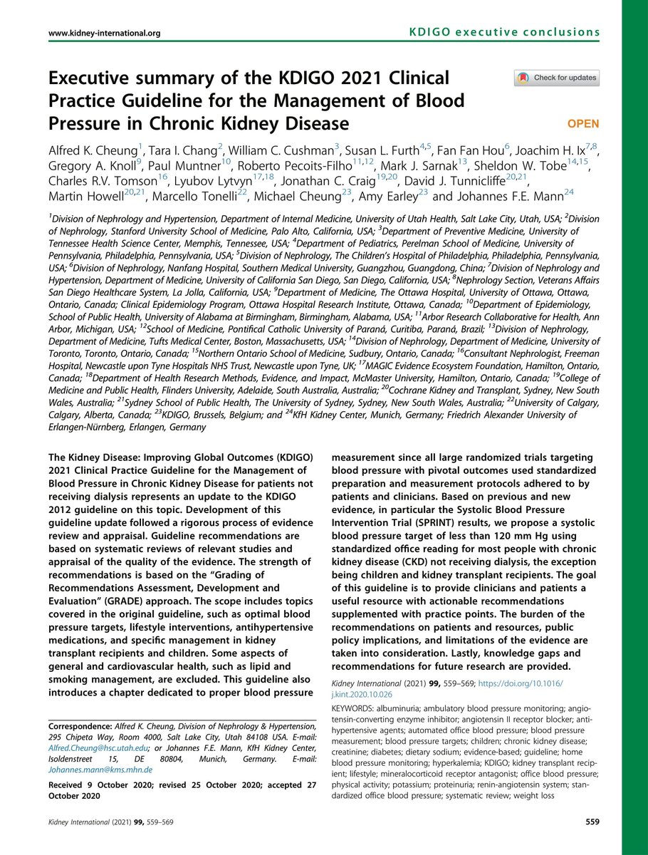 KDIGO is pleased to announce the publication of the 2021 Clinical Practice Guideline on the Management of Blood Pressure in Chronic Kidney Disease. 

Download the Guideline and Executive Summary: bit.ly/KDIGO-BP-GL. 

#bloodpressure #ckd