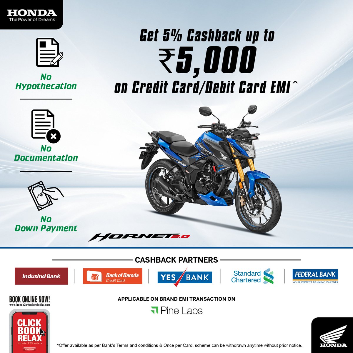 honda2wheelerin's tweet photo. #FlyAgainstTheWind as you avail exciting offers on the all new Honda Hornet 2.0! Now get upto 5% Cashback as you bring home your favourite Honda 2Wheeler today. To book online now, please visit: https://t.co/npyA8q7wwJ https://t.co/6f8TcJbiQP