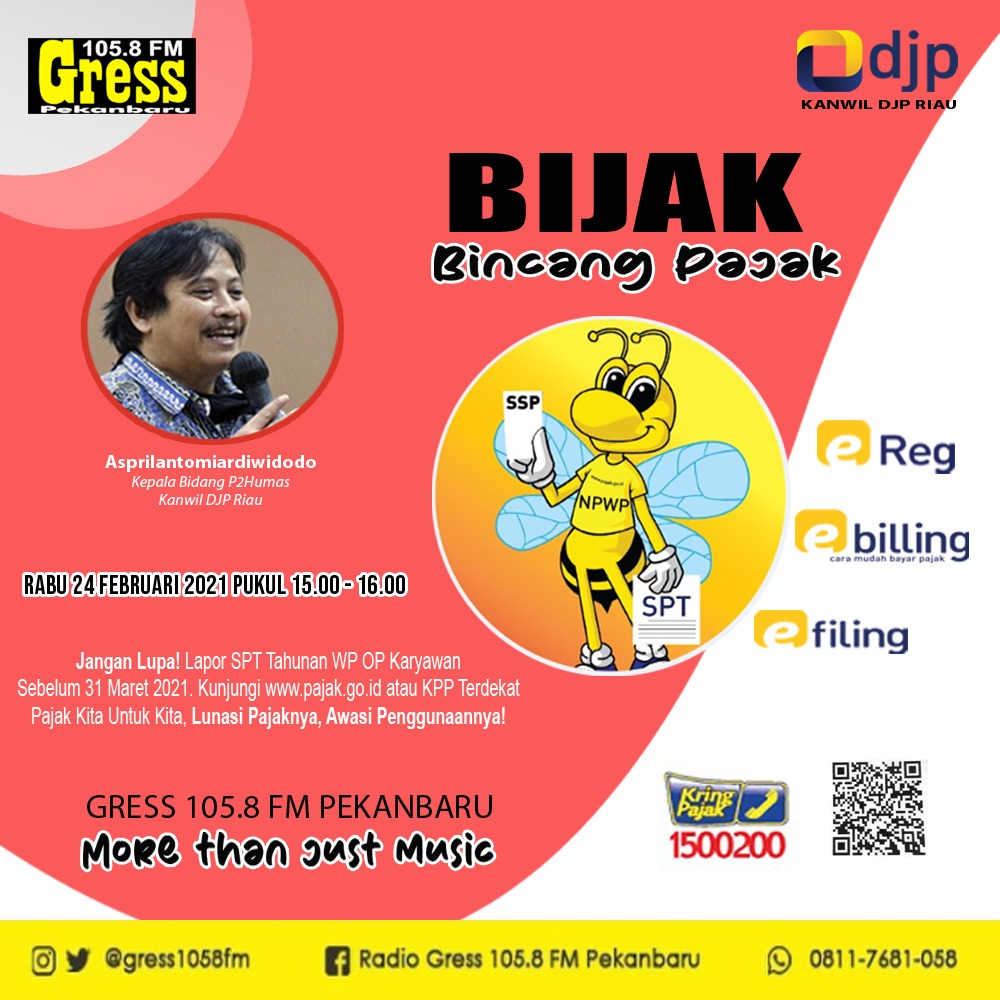Gress1058fm's tweet photo. Sobat Sebaya dan Kawan Pajak dandi Pekanbaru. "BINCANG PAJAK"
Besok akan ada Talkshow, Rabu 24 Februari 2021 Pukul 15.00-16.00 WIB Kanwil DJP Riau bekerja sama dengan @gress1058fm akan menyelenggarakan bincang pajak dengan tema "SPT Tahunan Orang Pribadi Karyawan." 
@pajakriau https://t.co/gYbYWIeHJh