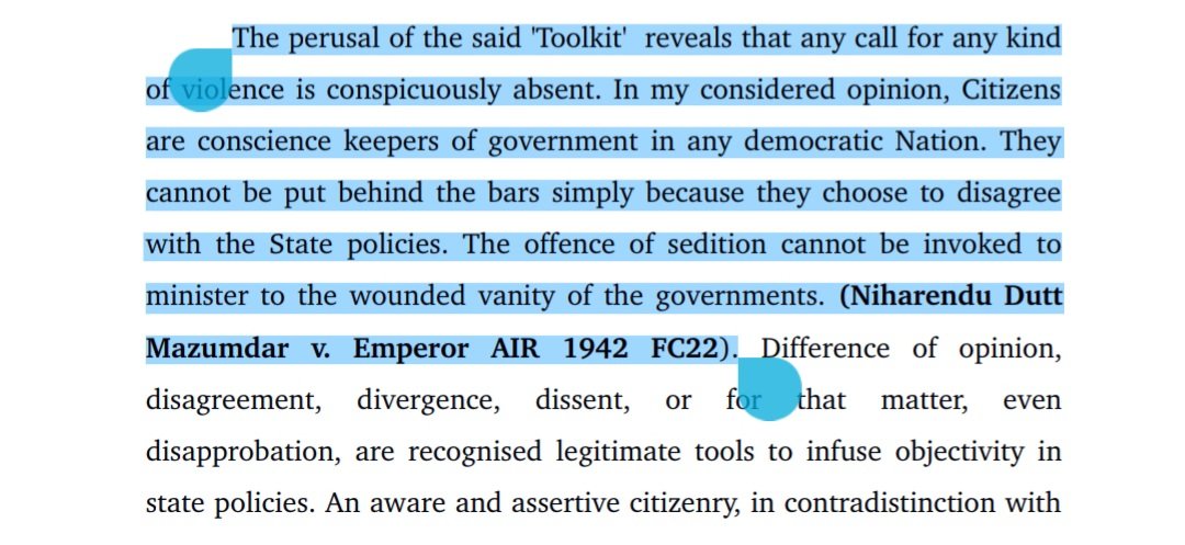 LiveLawIndia's tweet photo. Relying on the case of Niharendy Dutt Mazumdar v Emperor, the court states that, "Citizens are conscience keepers of government in any democratic nation. They cannot be put behind the bars simply because they choose to disagree with the State policies." 

#DishaRavi #Toolkit https://t.co/cSr5T5M9Kf