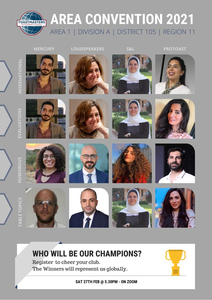Our Area Convention will be held this Saturday! Who will be our new champions? #Lebanon #publicSpeaking #toastmastersinternational #whereleadersaremade