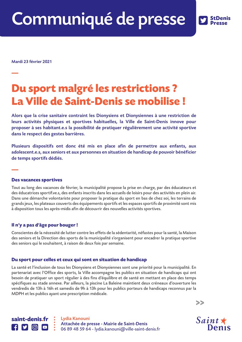 StDenisPresse's tweet photo. I COMMUNIQUÉ DE PRESSE I
Du sport malgré les restrictions ? 
La ville de Saint-Denis se mobilise !

Retrouvez le communiqué en ligne ⬇️
https://t.co/uKYlqvFMfT https://t.co/LFEMm0jOqr