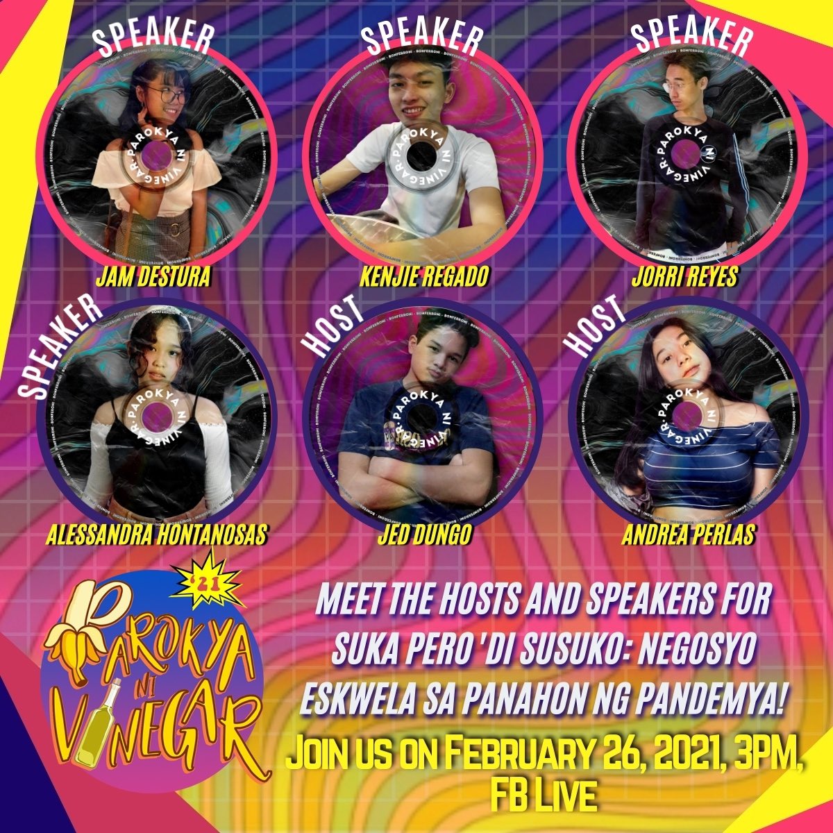 parokya_nv's tweet photo. In 5, 4, 3 days na lang ay magaganap na ang pinakahihintay na Suka Pero 'Di Susuko: Negosyo Eskwela sa Panahon ng Pandemya webinar ng Parokya! 
Halika na't kilalanin ang SUKAgaling-galing nating mga hosts at speakers mula sa Parokya ni Vinegar. 

(1/2) https://t.co/HuqEQjbspO