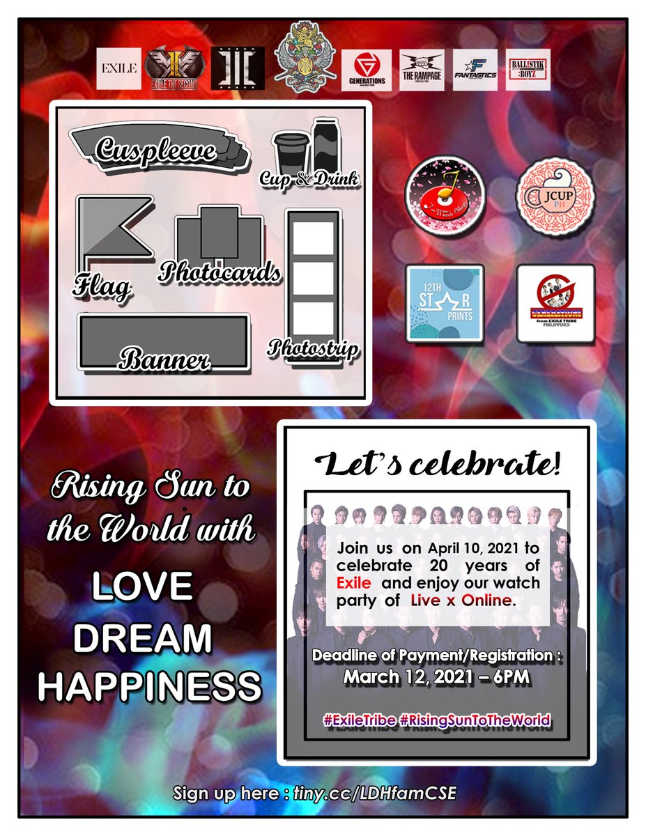 jcupph's tweet photo. Together with @JMusicMerch, @12thstarprints, and other LDH fanbases, we bring the
𝕽𝖎𝖘𝖎𝖓𝖌 𝕾𝖚𝖓 𝕿𝖔 𝕿𝖍𝖊 𝖂𝖔𝖗𝖑𝖉 𝖜𝖎𝖙𝖍 𝕷𝖔𝖛𝖊, 𝕯𝖗𝖊𝖆𝖒 &amp; 𝕳𝖆𝖕𝖕𝖎𝖓𝖊𝖘𝖘
on April 10, 2021

Pay then sign up through https://t.co/oEFRMlKViI
#ExileTribe #RisingSunToTheWorld https://t.co/CPujnbBswP