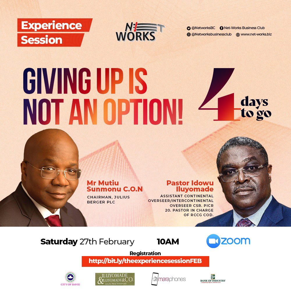 NetWorksBC's tweet photo. It’s 4 Days to Go to the February Edition of the Experience Session featuring Mr Mutiu Sunmonu C.O.N (Chairman, Julius Berger PLC) 

This event is FREE but subject to registration. Let’s register via https://t.co/Mx6nwPZOZo (link in bio)

Help reshare with friends and family 📲 https://t.co/wnp0Oo613W