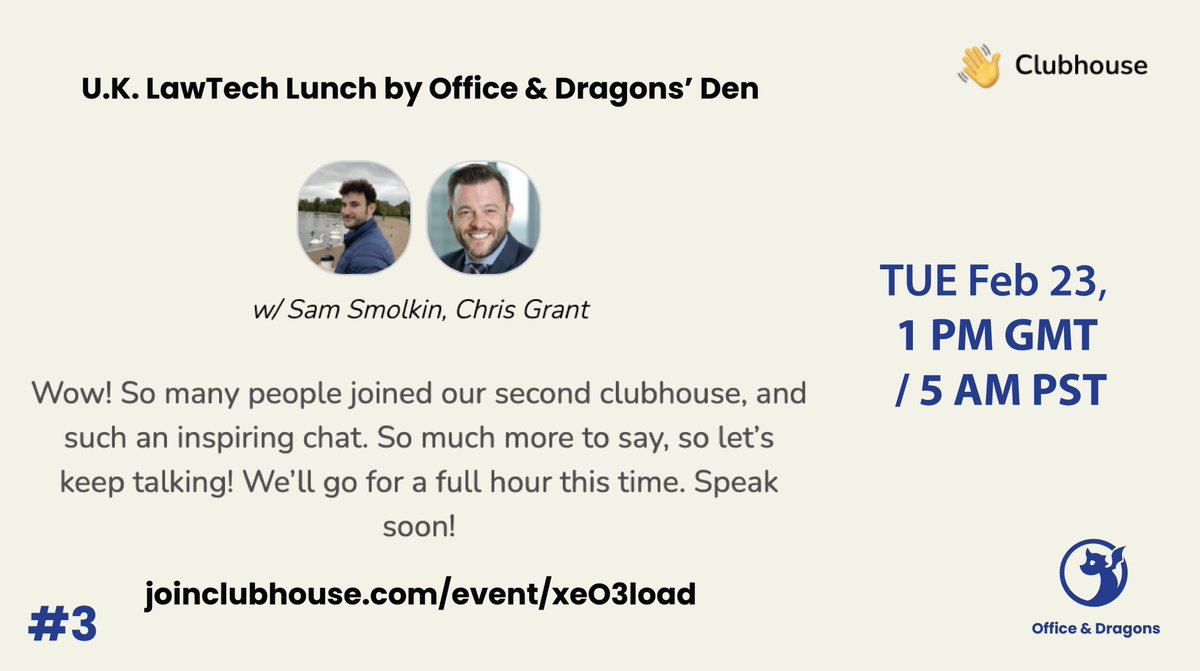 Join us an hour from now for another LawTech Lunch! <a href="/samsmolkin1/">Sam Smolkin</a> and <a href="/ChrisGrantRM/">Chris Grant</a> will be moderating a chat on the topic that wins the poll. The votes are pretty much dead even now, so vote quick to choose the topic of the day! See you there! Links in the comments 👇🏼 #lawtech