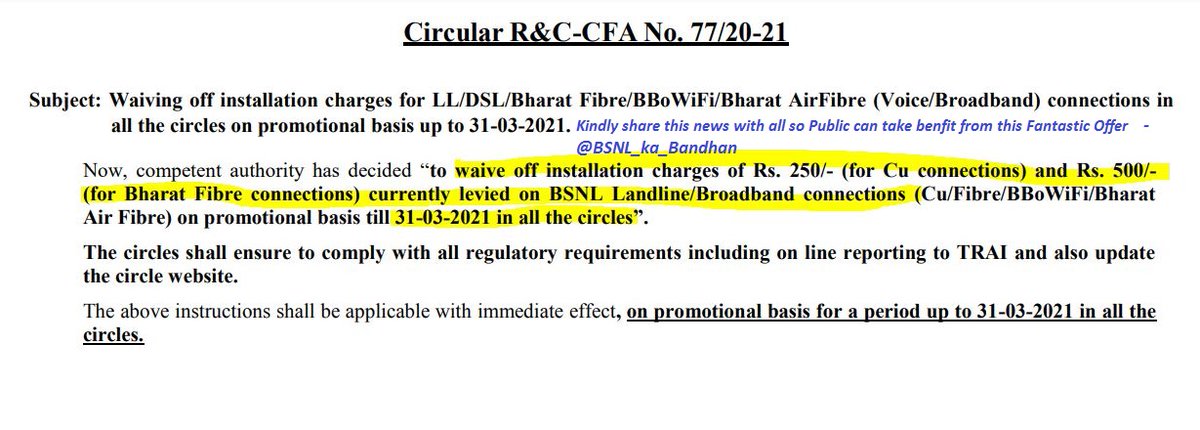 BSNL_ka_Bandhan's tweet photo. Hurray‼️ Free Installation for #BSNL LL/DSL/Bharat Fibre/BBoWiFi/Bharat AirFibre connections in all circles upto 31-3-2021.
@Naman_BKN @Suni_tweet @Rajeswaran_Tnj @abhi_535 @Akhi4u121 @fm1ngp @sdopjnr @KKSDY @harishankar2013 @asbhonge @dhananjaybsnl @idesibanda @Shailu_Ajm @KKSDY https://t.co/DiOmv2Ta2g