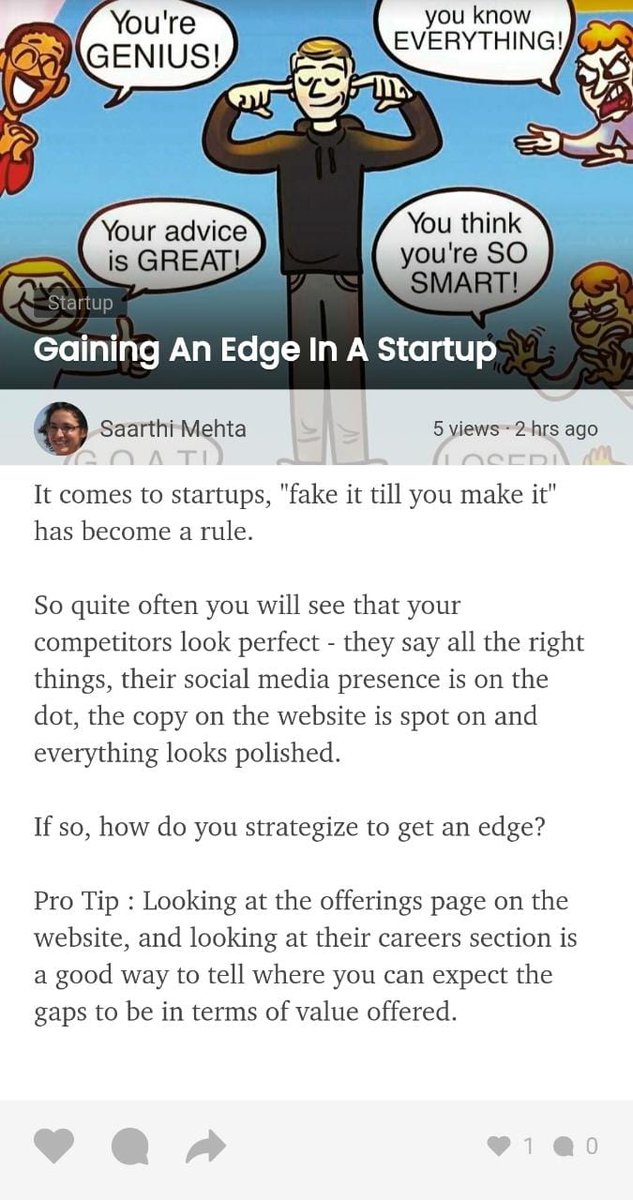 Currently Trending on Pondr: 

'Gaining an edge in a Startup'

To read more like this: pondr.app.link/tDxoeYuU3

#writerslift #WritingCommnunity #writingprompt #writingtips